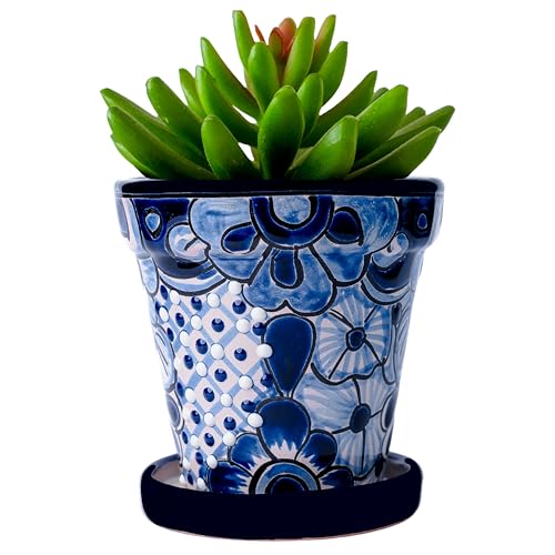 Talavera Planter - Mexican Ceramic Pot with Drainage (White & Blue-Small)