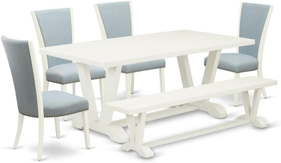 East West Furniture V027VE215-6 6 Piece Dining Set Contains a Rectangle Dining Room Table with V-Legs and 4 Baby Blue Linen Fabric Upholstered Chairs with a Bench, 40x72 Inch, Multi-Color
