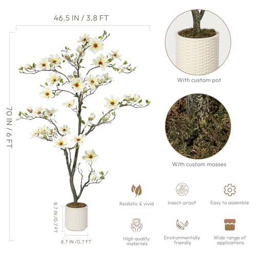 6FT Faux Magnolia Plants Artificial Flower Trees Fake Plants For Yard Patio Home Office Arrangement Decor Indoor Outdoor Artificial Magnolia Tree Inc. 180 Realisc Flowers Vivid Leaves Mosses White Pot