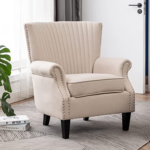 ALIMORDEN Modern Fabric Club Armchair with Wooden Frame, Accent Sofa Side Single Padded Chair, Retro Upholstered Lounge Seat, Comfy Reading Chair for Living Room, Bedroom, Beige - Image 3
