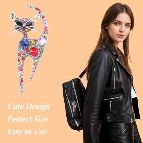 Image of Mabor Vintage Cat Brooch Pin, Rhinestone Cat Brooch for Women Girls Trendy Colorful Crystal Animal Kitten Brooches Lapel Pins