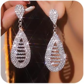 Octwine Women Silver Rhinestone Earrings Sparkly Rhinestone Chandelier Dangle Drop Tassel Earrings Bridal Wedding Silver Earrings Teardrop Dangle Earrings for Women
