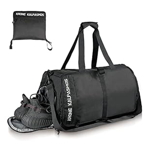 Krone Kalpasmos Foldable Gym Bag for Men Waterproof Duffel Bag for Women Weekender Bag with Shoe Compartment, Overnight 45L Nylon Crossbody Gym Accessories, black