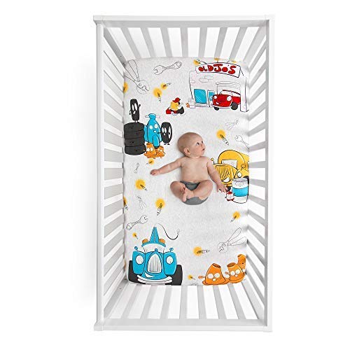 JumpOff Jo - Fitted Crib Sheet, Super Soft 100% Cotton Sheet for Standard Crib Mattresses and Toddler Beds, 28 in. x 52 in. - Jo's Garage (Heather Grey Jersey)