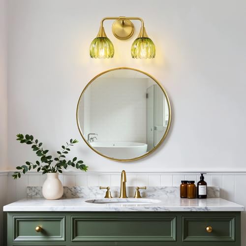HAHZT Bathroom Vanity Light Fixtures: 2-Lights Vintage Bathroom Lights Over Mirror with Ribbed Green Tulip Glass Shade - 14 inch Brushed Gold Wall Sconce Bath Lighting by HAHZT - Used condition - Image 7