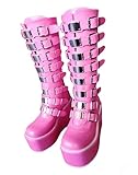 Gothniero Pink Platform Boots For Women Knee High Goth Rave Grunge emo Overknee Boot Chunky Round Toe with Buckles Size 5.5-11