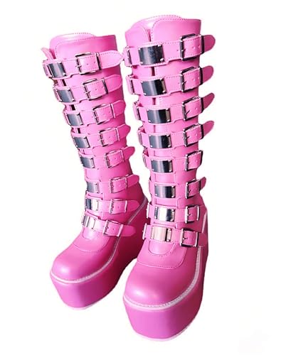 Image of Gothniero High Platform Knee Boots Chunky Heel Wedge Black Boots For Women Combat Goth Punk Motorcycle Booties Zip up With Metal Buckles Size5-11