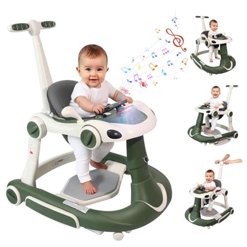 Baby Walker, 4-in-1 Baby Walker with Wheels Portable, Foldable Infant Toddler Walker for Boys Girls 6-18 Month,Removable Footrest,Car Steering Wheel &amp; Music, Adjustable Push Walker Pink Green