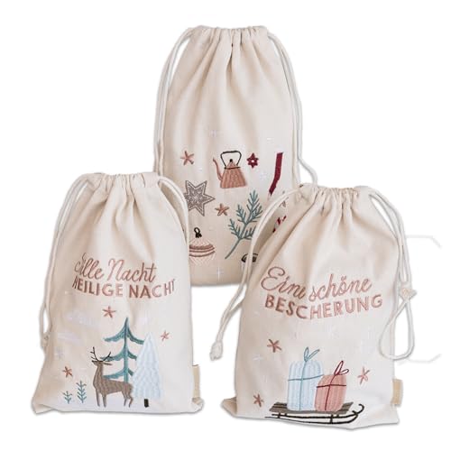 Papierdrachen Geschenkverpackung Weihnachten 2025 - Stoffbeutel 3er Set - 20×30 cm - beige-pastell mit Stickerei - wiederverwendbar zum Befüllen