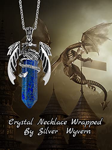 Abitoncc Dragon Necklace Hexagonal Healing Crystal Wrapped Silver Dragon Pendant Necklace Retro Spiritual Gemstone Point Natural Crystal Dragon Jewelry Cool Necklace For Men Women (Blue Gold) #TOP1