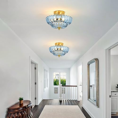 puncoll 11.8 inch Kitchen Ceiling Light, 3-Light Semi Flush Mount Ceiling Lamp with Flower Glass, Modern Close to Ceiling Light Fixtures for Bathroom Bedroom Hallway Entryway, Blue by puncoll - Used condition - Image 7