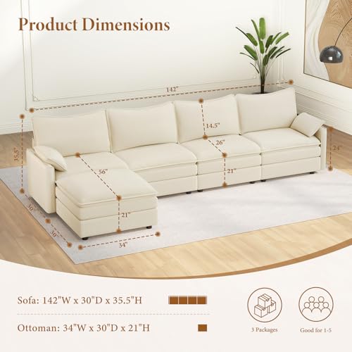 Image of Vesgantti 142 inch Cloud Couch Sectional Modular Sofa, Comfy Sectional Couch with Ottoman Deep Seat Chenille L Shaped Sofa, Modular Couches for Living Room, Bedroom and Apartment, Creamy Beige