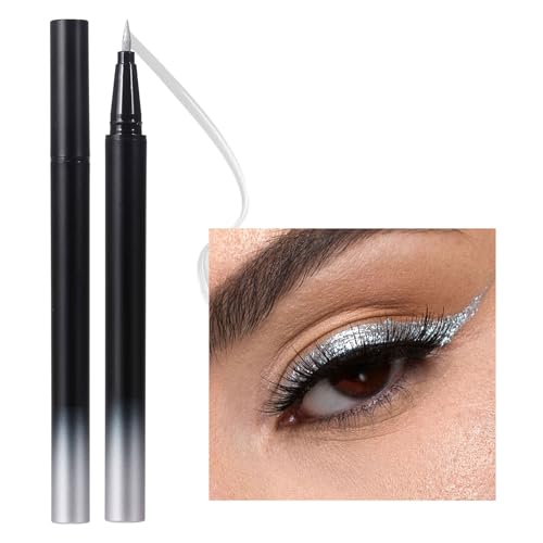 Ultradünne Flüssigkeit Augen Make-up-Stift,Wasserfest Kajalstift,Langanhaltend Funkelnd Eyeliner Stift,Leicht zu Bedienen, Hochpigmentiert Wischfest Make-up für Frauen (Silver)