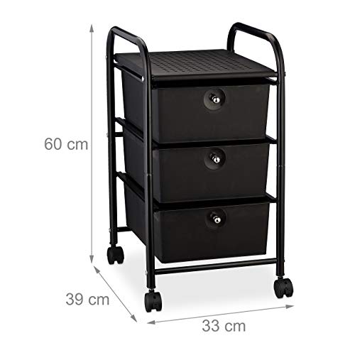 Relaxdays Badrollwagen, 3 Schubladen, Metall & Kunststoff, Rollcontainer Bad, Kosmetik, HxBxT: 60 x 33 x 39 cm, schwarz