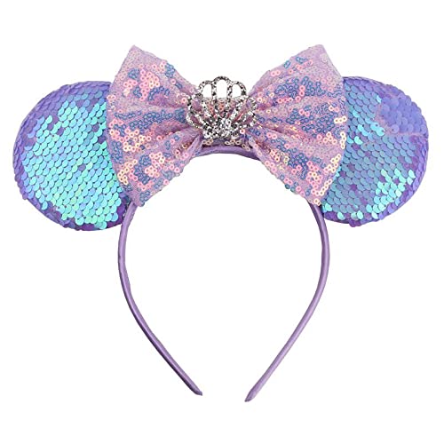 Foeran Mouse Ears Headbands Shiny Bows Mouse Ears Glitter Party Princess Decoration Cosplay Costume for Girls Women (Sequin light purple-1)
