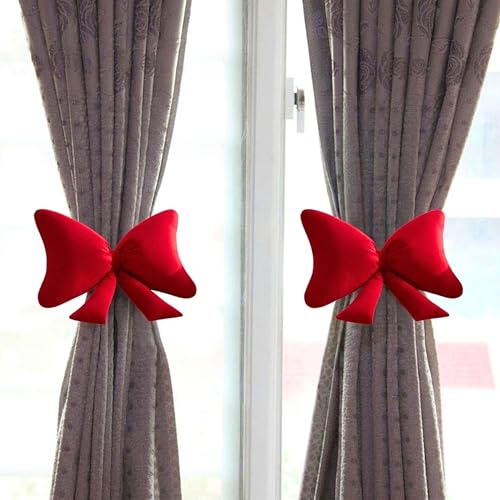 Image of Tickles 2 Pcs Bow Shape Soft Plush Toy Curtain Tiebacks Holder Clip for Children Living Room Decoration Accessories Window Curtain Decoration (Size: 15 cm Color: Red)