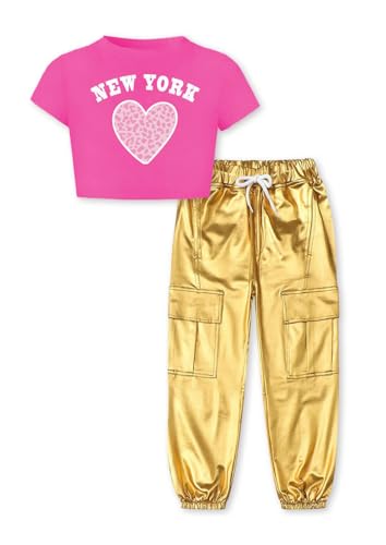 Image of Betusline 2 Piece Clothes Set For Girls,Rose Heart Cute Short Sleeve Crop Tops + Light Gold Cargo Jogger Pants Clothes,6-7 Years = Tag 130