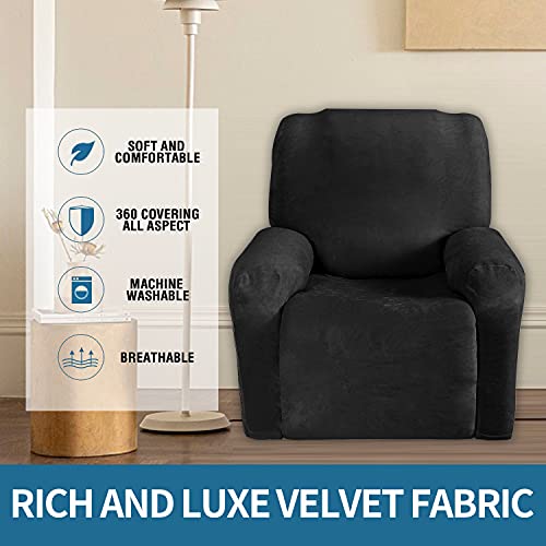 Golden Linens One Piece Recliner Chair Velvet Fabric Stretch 4 Way Furniture Slipcovers With Remote Pocket, Furniture Protector, Fit Most Recliner Chairs, Jolan Black #TOP5
