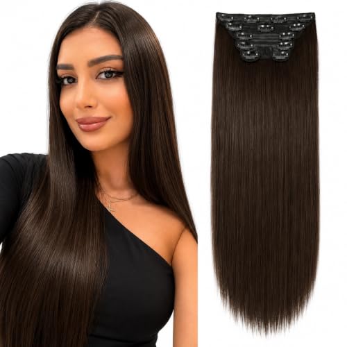 Image of Salon-Grade Clip-in Hair Extensions for Women, Imported Synthetic Hair, 6 PCS with 13 Secure Clips, Instant Volume, Natural Blend, Reusable Hair Volumizer (Choco Brown, Straight)