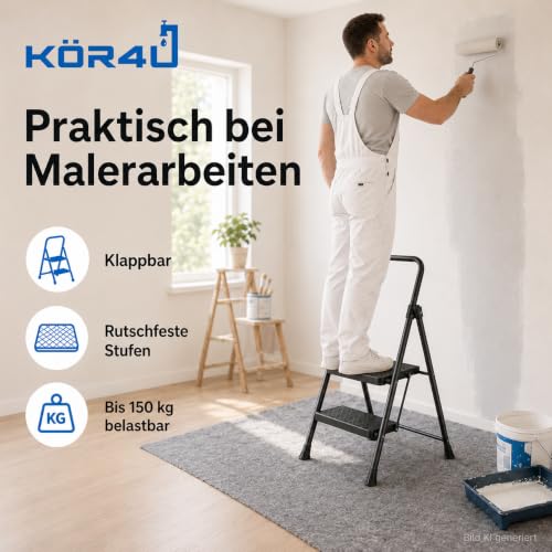 kör4u Trittleiter 2 Stufen, 150kg belastbar, klappbar, rutschfest, schwarz