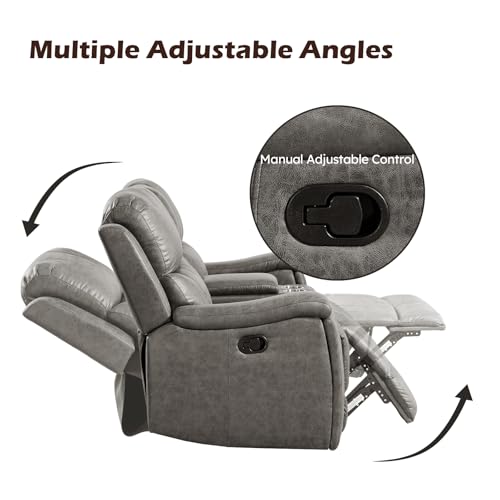 Image of CANMOV Faux Leather Manual Reclining Sofa Set, Manual Single Recliner Chair and 2 Seat Recliner Loveseat with Center Console, Hidden Storage and Cup Holders for Living Room,Bedroom Furniture,Grey