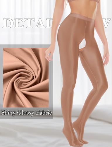 Image of FEOYA Women's Open Crotch Oil Shiny Pantyhose High Waist Control Top Silky Oily Crotchless Footed Tights Stockings