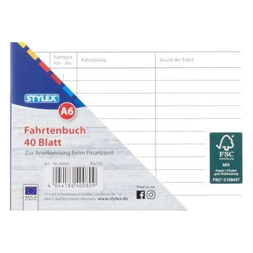 STYLEX 40080 Fahrtenbuch, DIN A6, 40 Blatt