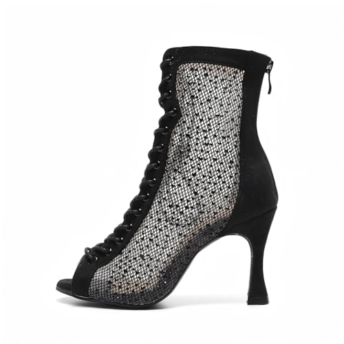 HROYL Women Peep Toe Mesh Lace up Ankle Boots Rhinestone Latin Ballroom Salsa Dancing Heels Boots,DS-7180