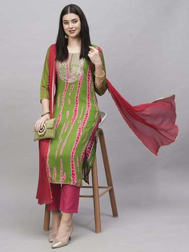Image of GoSriKi Women's Rayon Blend Straight Printed Kurta with Pant & Dupatta
