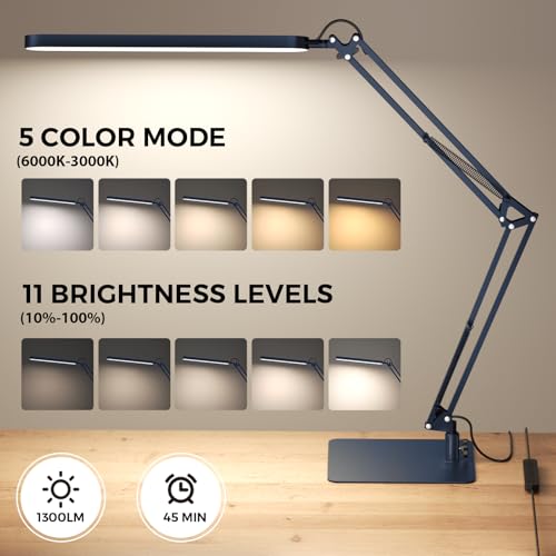 Image of SKYLEO LED Desk Lamp with Slim Base - Adjustable Swing Arm Desk Light, Dimmable, Timer, Eye Protection, Memory Function, 1300LM, 12W, Blue