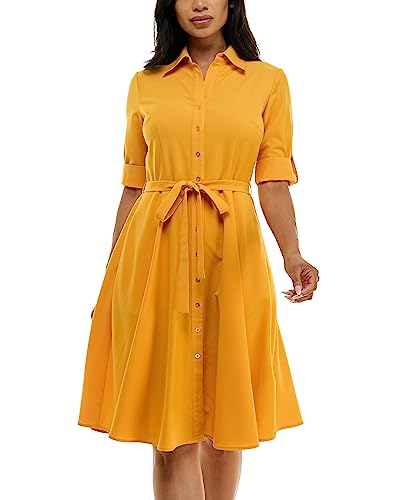 Image of Sharagano Women's Pleated Shirt Dress - 3 /4 Sleeve, V-Neck, Gold Buttons