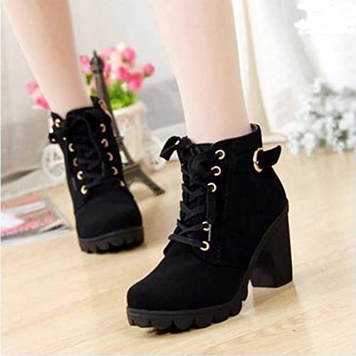 Women Lace Up Ankle Boots Chunky Heel Zip Buckle Booties Suede Zipper Bootie Elegant High Short Boot Shoes4