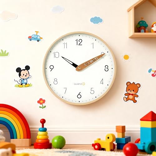 Image of Topkey 12 Inch Silent Wall Clock for Kids - Wooden Look Non Ticking Clock, Playroom & Classroom Decor, Easy Install(Battery Operated - Light Wooden Brown