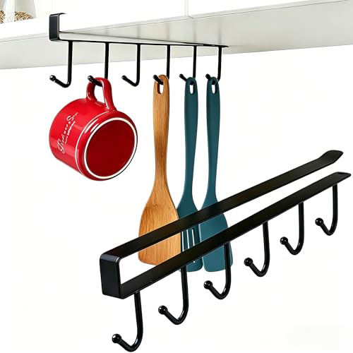 Kitchen Utensil Hanger with 6 Hooks, No Drill Under Cabinet Kitchen Hooks for Measuring Cup Organizer, Iron Utensil Hanger Wall Mount, Camper Storage and Space Saving Rack for Spatula and Mug