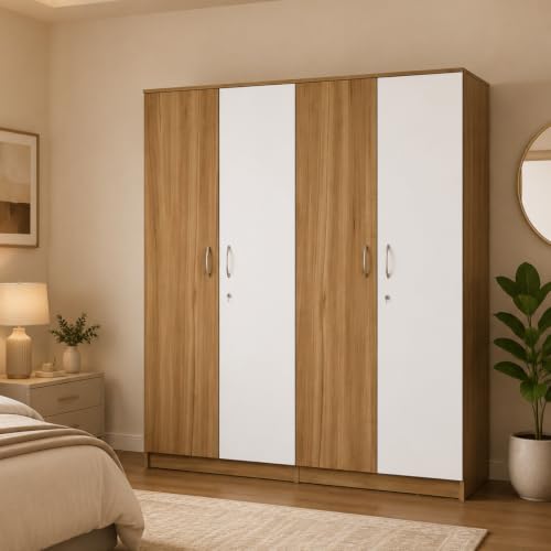 Image of Nexus Multipurpose 4-Door Wardrobe | Engineered Wood | Spacious Closet Storage | Lyon Teak & White Finish | Sturdy & Durable | Easy Knock-Down Assembly