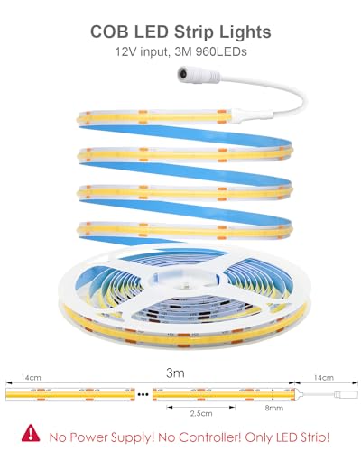 Image of ALITOVE 12V COB LED Strip Lights Warm White 3000K Uniform Glow LED Tape Light 10ft 960 LEDs High Density 320leds /M CRI90 Flexible LED Light Strip for Bedroom Home Cabinet Indoor Decoration