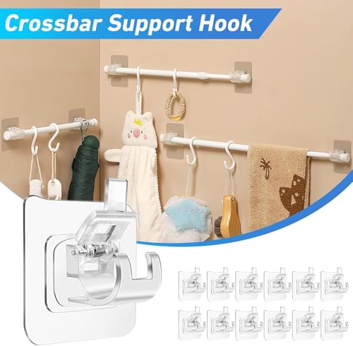 Image of Self-Adhesive No Drill Curtain Rod Brackets, Transparent, Plastic, Stainless Steel, Curtain Rod Holder, Hooks, Wall Hooks, Hangers for Bathroom, Kitchen, Hotel (Pack of -6)
