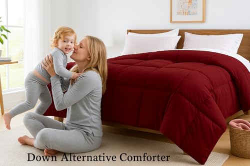 Image of Bed Comforter - Double Size - Elegant Dark Grey & Burgundy - 300 GSM Quilt Blanket Rajai - Winter Warm Down Alternative Duvet Insert with Corner Ties