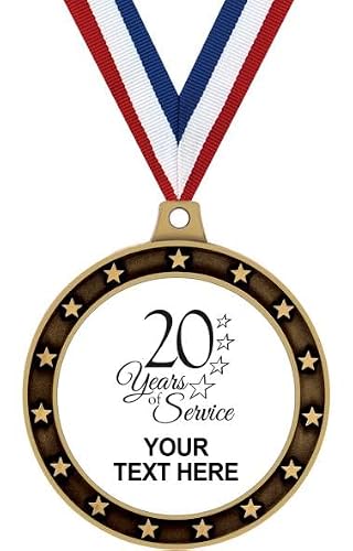 20 Years of Service Custom Text Medals 10 Pack – Years White Personalized Value Pack of 10 Gold Medal Awards