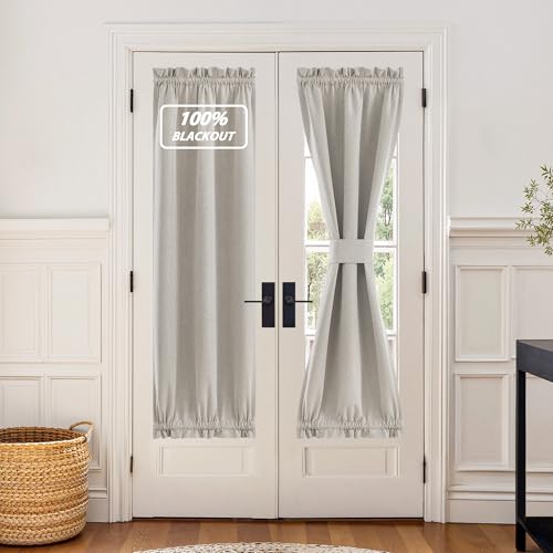 NICETOWN Silver Grey 100% Blackout Linen French Door Curtain for Window