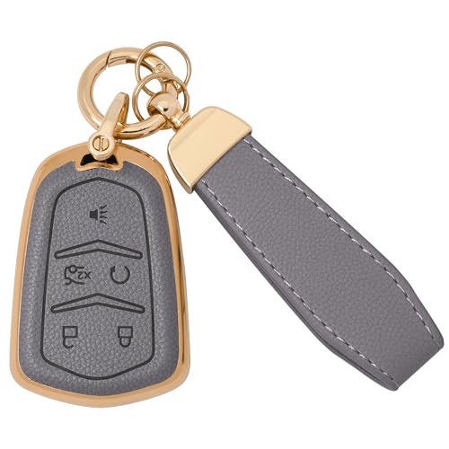 GripKeyShell™ for Cadilac Key Fob Cover, Leather + Soft TPU Car Key Case with Keychain Compatible with 2014–2023 Escalade CTS CT6 ATS SRX XTS XT4 XT5 XT6 5 Buttons Remote Smart Key by GripKeyShell - Used condition - US$9.40