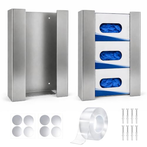 2 Pack Glove Box Holder/Dispenser Stainless Steel Triple Wall Mounted Glove Box Organizer, Heavy Duty Rustproof Glove Station with 2 Mount Options & Labels — for Kitchen, Garage, Workshop