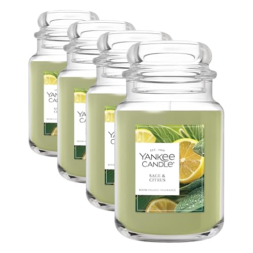 Image of Yankee Candle Sage & Citrus, Scented Candle, 22oz Large Jar with up to 150 Hour Burn Time, Giftable, Birthdays (Pack of 4)