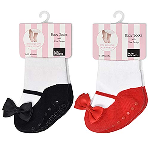Baby & Toddler Girl Mary Jane Socks with Shoe-Look-Anti-slip Soles-Cotton -1 or 2 Pair (BLACK/RED FESTIVE, 0-12 Months)