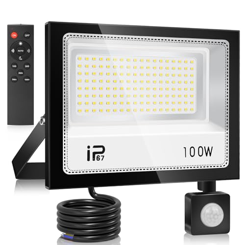 YZYFACAI Foco Led Exterior con mando a distancia 100W，Focos Led con Sensor Movimiento, Iluminación de Exterior Seguridad,7000K Blanco Frío, IP67 Impermeable 10000LM, para Patio, Garaje, Entrada