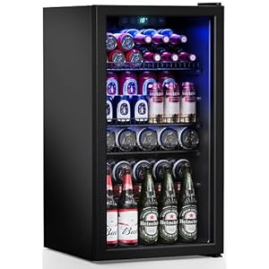 Beverage Refrigerator Cooler-120 Cans Freestanding Mini Fridge Cooler with Glass Door, Adjustable Shelves & Digital Temperature Display for Soda, Wine or Beer, 3.2 Cu.Ft