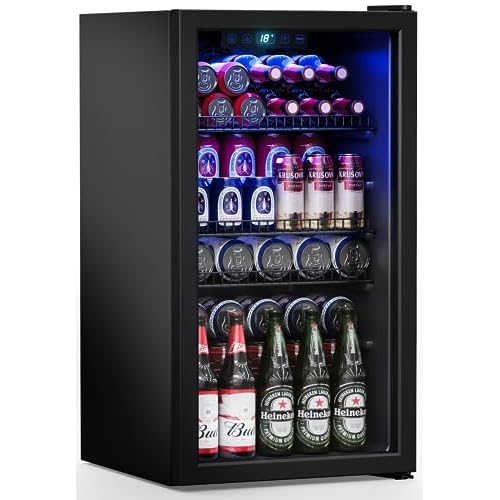 Beverage Refrigerator Cooler-120 Cans Freestanding Mini Fridge Cooler with Glass Door, Adjustable Shelves & Digital Temperature Display for Soda, Wine or Beer (Black, 3.2 Cu.Ft)