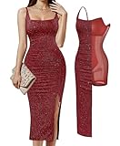 Picture of Popilush Sparkly Cocktail Dresses for Women Shapewear Formal Wedding Guest Dress Fall Square Neck Ruched Midi Dress Side Slit Red