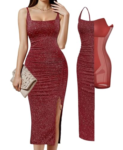 Popilush Sparkly Cocktail Dresses for Women Shapewear Formal Wedding Guest Dress Fall Square Neck Ruched Midi Dress Side Slit Red