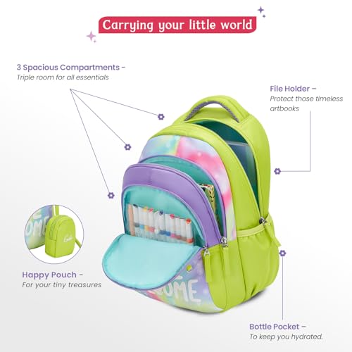 Image of Genie Awesome School Backpack for Girls |15 In-20 Ltr with Three Compartments,Side Pockets and Light Weight with Padded Shoulders |Best for Books,Stationery, Lunch Box & Essentials - Green